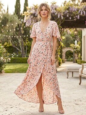 Show Me Your MuMu Maxi Wrap Dress Blush Pink with Daisy Floral Print
